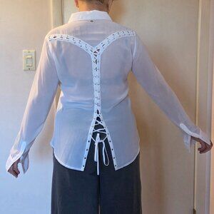 Sheer White Guess Blouse, Lace Up On Back